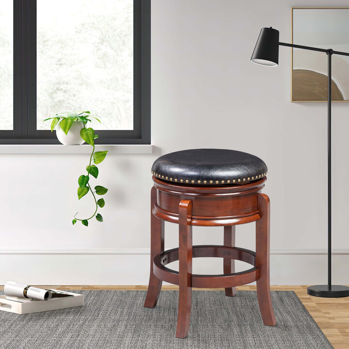 Sabi 24 inch Swivel Counter Stool, Solid Wood, Faux Leather, Brown, Black-Benzara