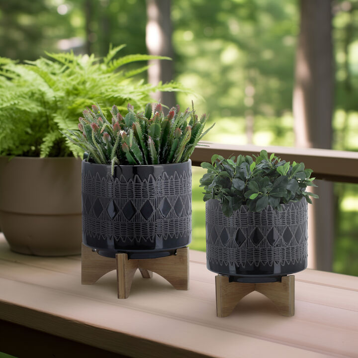 Aztec Planter on Wooden Stand, Black Set
