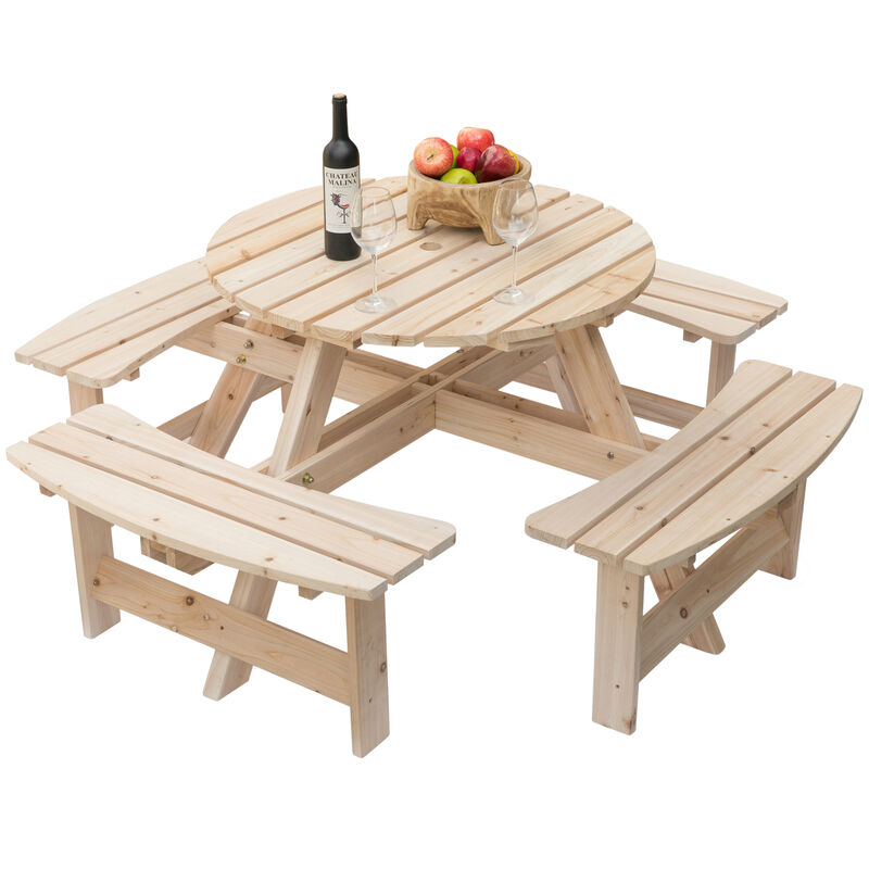 Wooden Outdoor Patio Garden Round Picnic Table with Bench, 8 Person - Stained