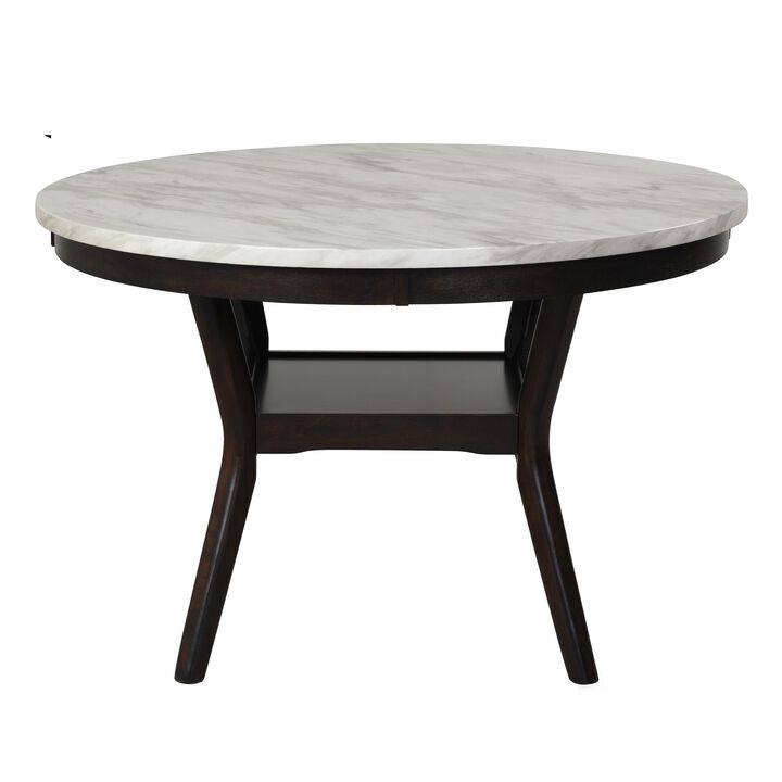 Kate 47 Inch Round Dining Table with Faux Marble Top, White and Brown - Benzara