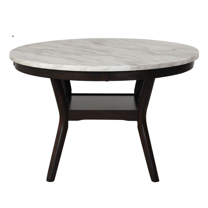 Kate 47 Inch Round Dining Table with Faux Marble Top, White and Brown - Benzara