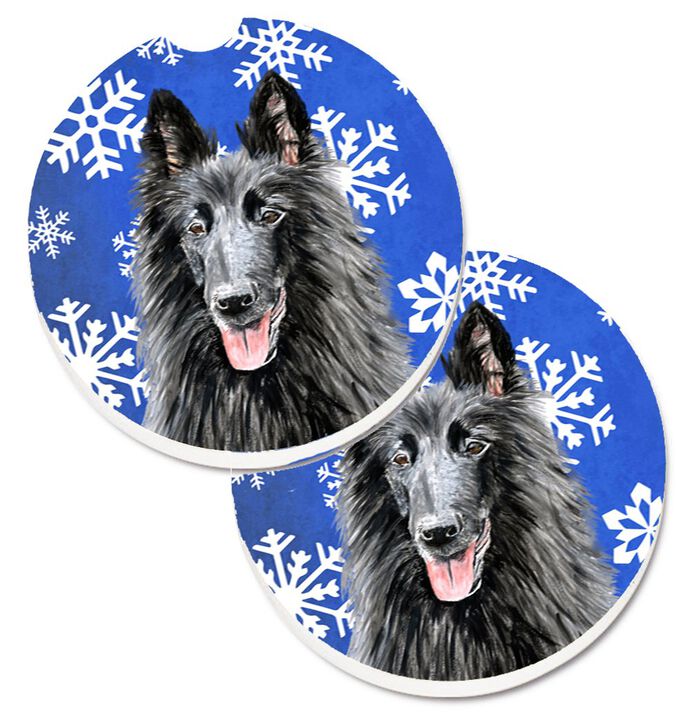 Caroline's Treasures Belgian Sheepdog Winter Snowflakes Holiday Set of 2 Cup Holder Car Coasters SC9398CARC, 2.56, Multicolor