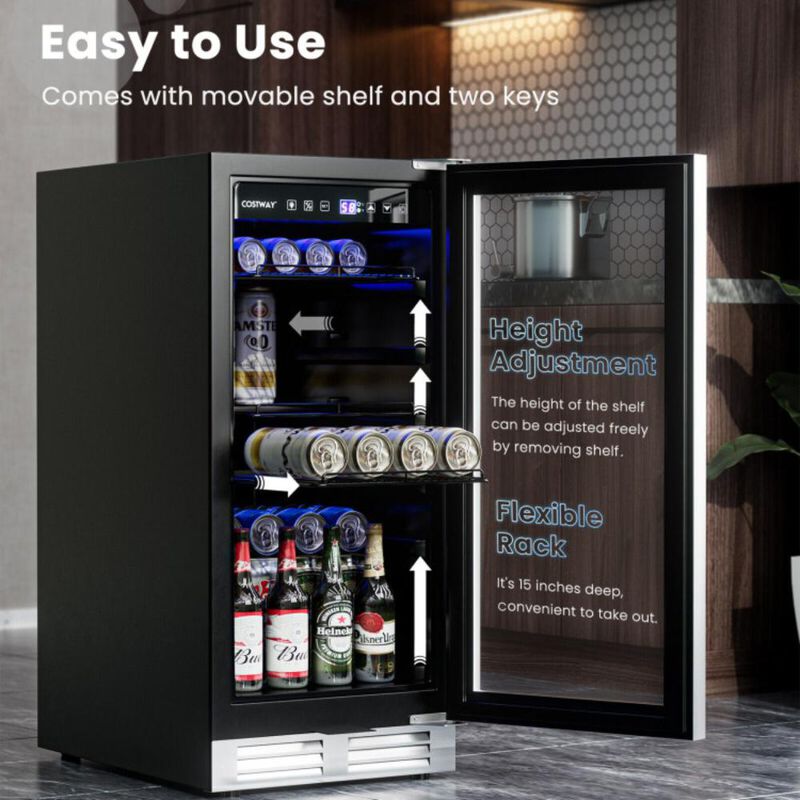 Costway 15 Inch 100 Can Built-in Freestanding Beverage Cooler Refrigerator with Adjustable Temperature and Shelf