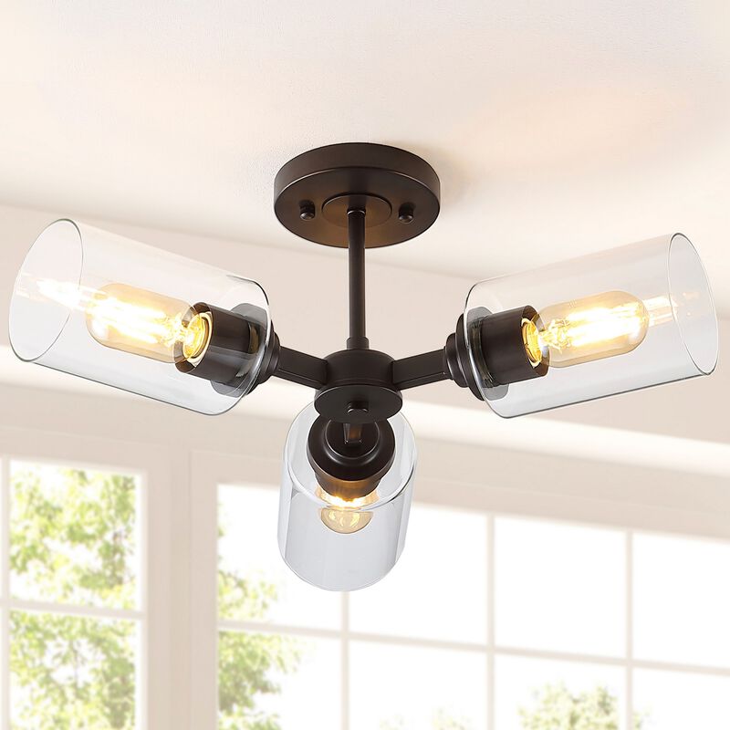 Jaymes 3-Light Farmhouse Industrial Iron Cylinder LED Semi Flush Mount