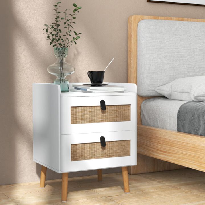 Hivvago Modern End Table Bedside Table with 2 Rattan Decorated Drawers-White