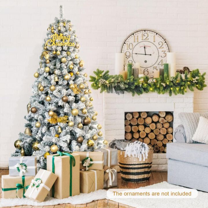 Artificial Snow Decorated Flocked Hinged Christmas Tree with Metal Stand