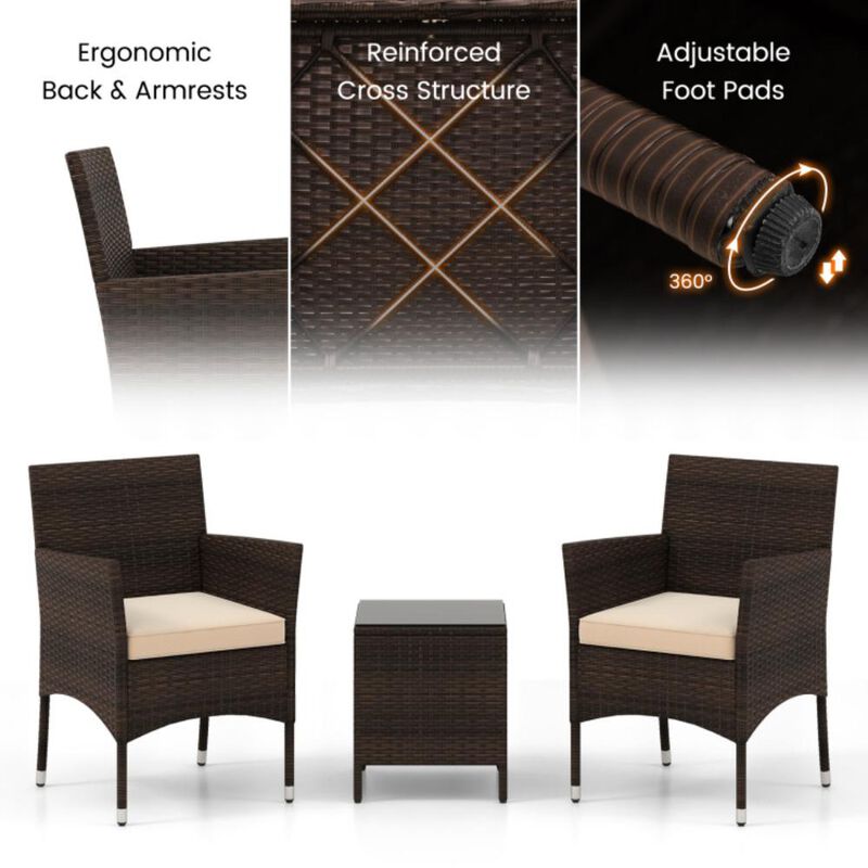 Hivvago 3 Pieces Outdoor Conversation Set with Cushioned Seat and Glass Tabletop