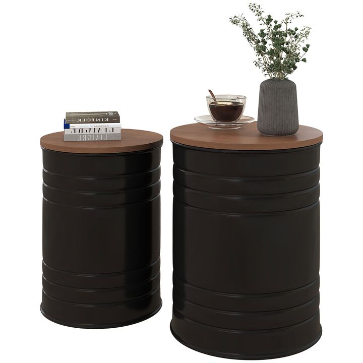 Round Storage Ottoman Set: Nesting, Wooden Lid, Metal Frame