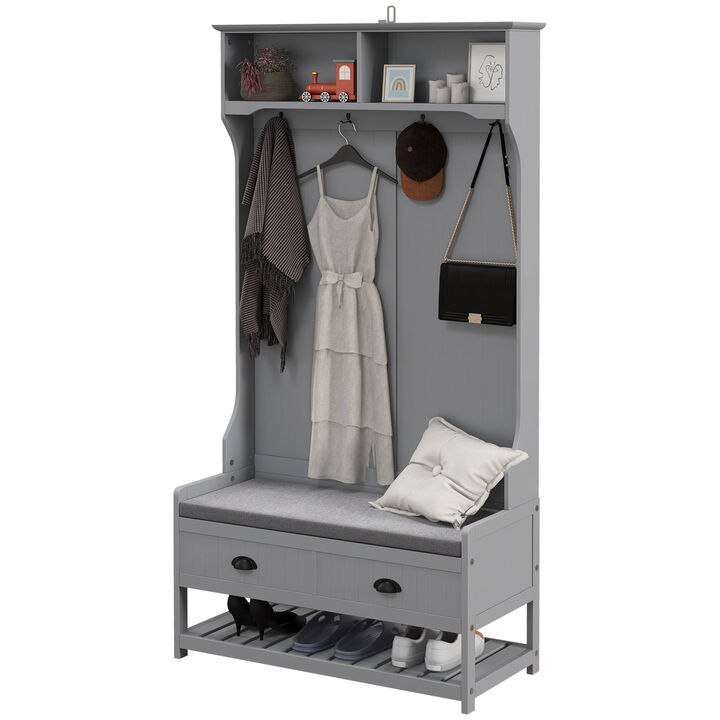 HOMCOM 3-in-1 Hall Tree, Entryway Bench with Coat Rack, Mudroom Bench with Shoe Rack, 2 Storage Drawers, 4 Hooks and Padded Seat Cushions for Hallway, Gray