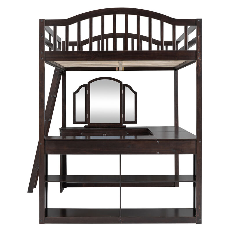 Wooden Loft Bed with U-Shaped Desk, Storage Compartments, and Tri-Fold Mirror