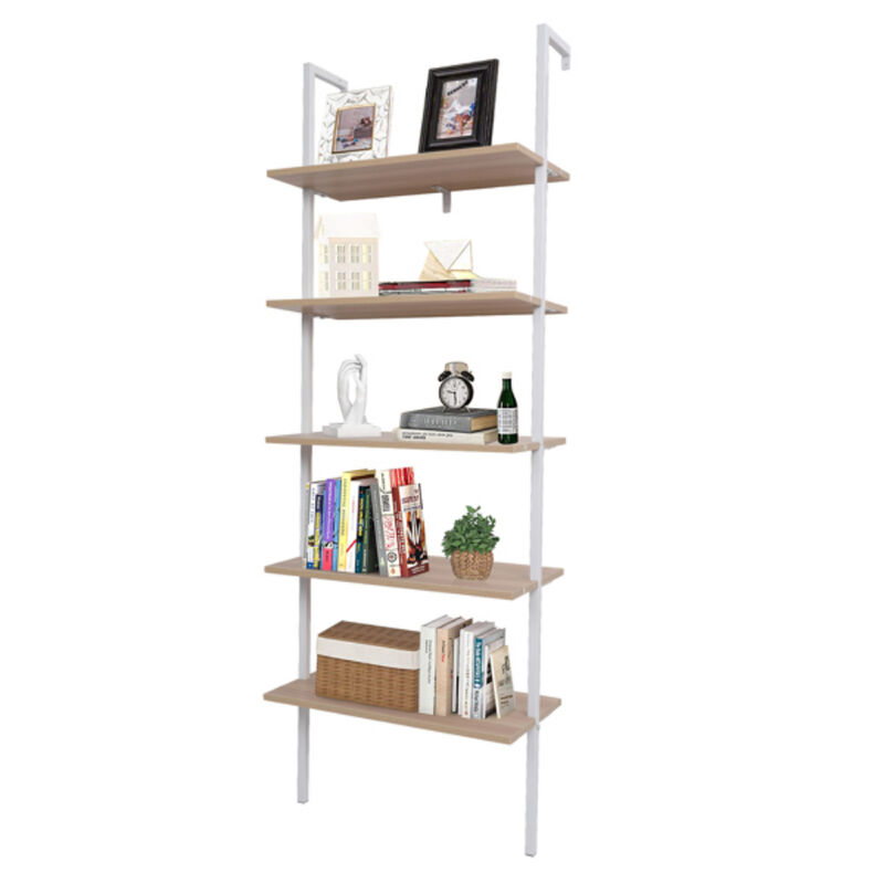 Industrial 5-Tier Ladder Shelf with Wood Shelves and Sturdy Metal Frame