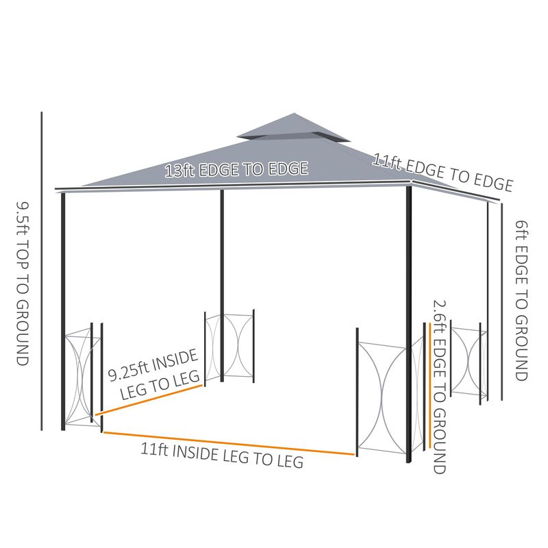 Gray Outdoor Pavilion: 13x11 Double Roof Gazebo with Removable Netting