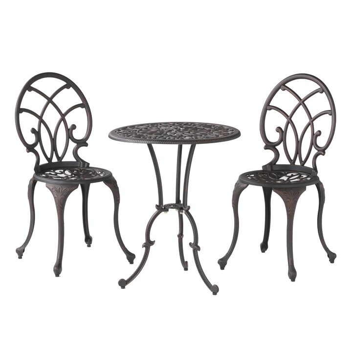 Charlie 3 pcs Bistro Set w Umbrella Hole, Cast Aluminum in Copper - Benzara
