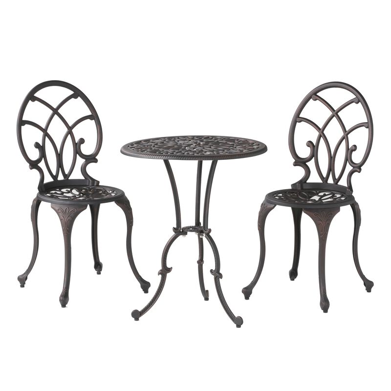 Charlie 3 pcs Bistro Set w Umbrella Hole, Cast Aluminum in Copper - Benzara