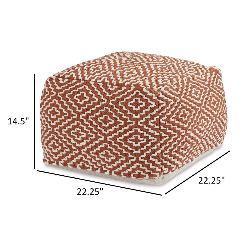 Sena 22 Inch Ottoman Pouf, Handwoven Pattern, Zipper Cotton Cover Red White -