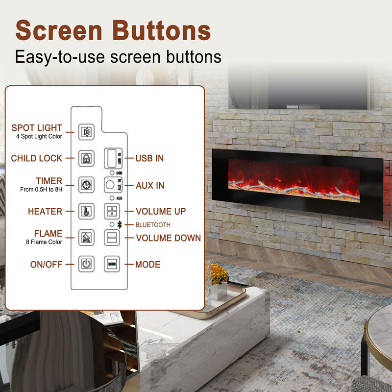 MONDAWE 60" Wall-Mounted Electric Fireplace 5120 BTU Heater with Bluetooth Speaker & Remote Control Adjustable Flame Color & Temperature Setting