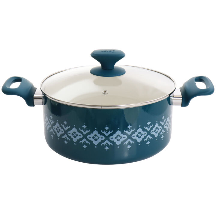 Spice by Tia Mowry Savory Saffron 7 Piece Ceramic Nonstick Aluminum Cookware Set with Nylon Utensils in Teal