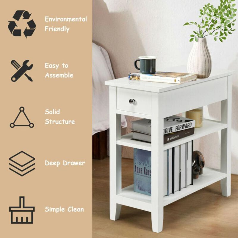 Hivvago 3-Tier Nightstand Bedside Table Sofa Side with Double Shelves Drawer