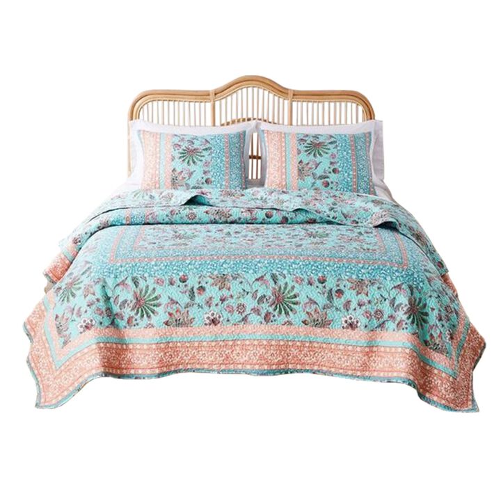 3 Piece Full Queen Quilt Set with Floral Print, Blue and White - Benzara