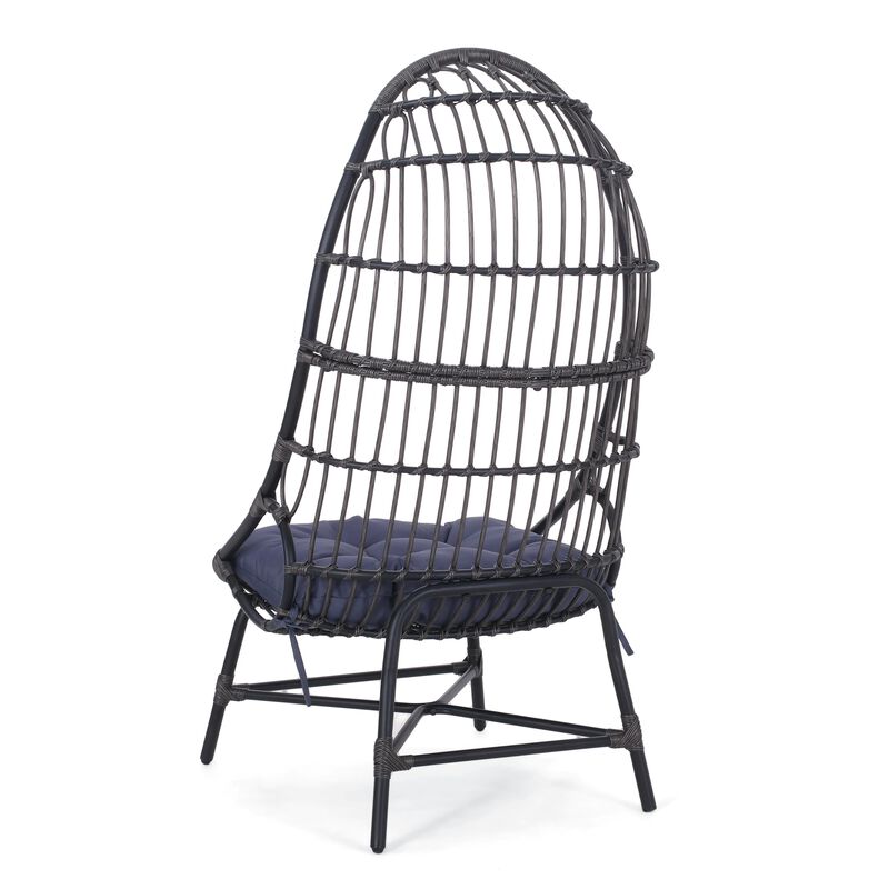 Elena Outdoor Chair, Basket Shape, Gray Fabric, Black PE Rattan, Iron - Benzara