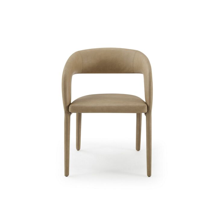 Cid Taya 24 Inch Dining Chair, Carved Back, Tapered Legs, Tan Faux Leather - Benzara