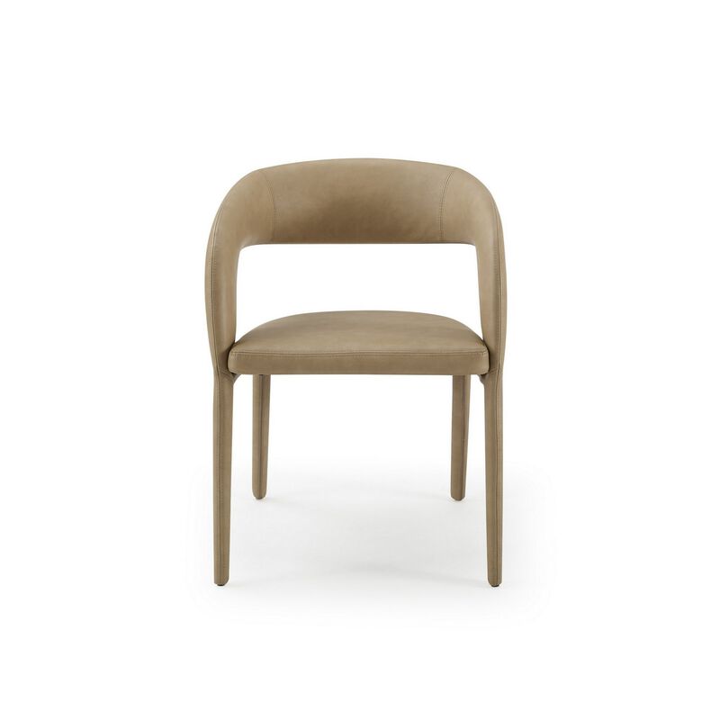 Cid Taya 24 Inch Dining Chair, Carved Back, Tapered Legs, Tan Faux Leather - Benzara