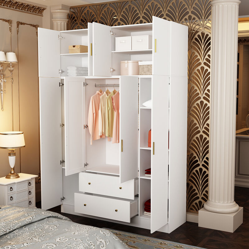 FUFU&GAGA Four-Door Wardrobe with Mirror, Top Cabinet, and Drawers (63" W x 19.7" D x 94.5" H),White