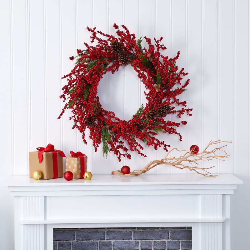 Hivvago 34" Cypress Artificial Wreath with Berries and Pine Cones