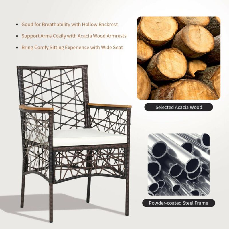 Hivvago 2 Pieces PE Wicker Patio Bistro Dining Chairs with Acacia Wood Armrests and Cushions