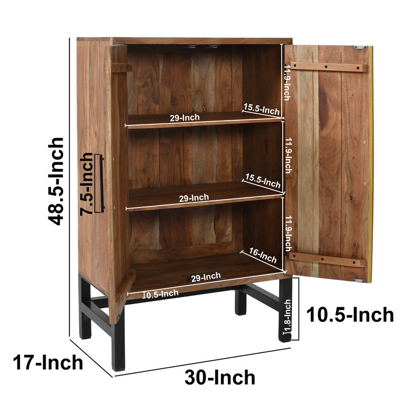 30 Inch Storage Cabinet, Handcrafted Rustic Brown Acacia Wood, Black Iron Legs