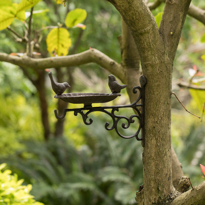 Outdoor Garden Wall Mounted Hanging Iron Bird Bath and Feeder Decor, Bronze