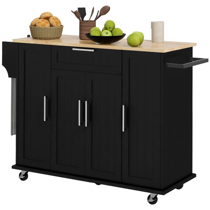 Black Kitchen Island Cart: Natural Wood Top, Drawers