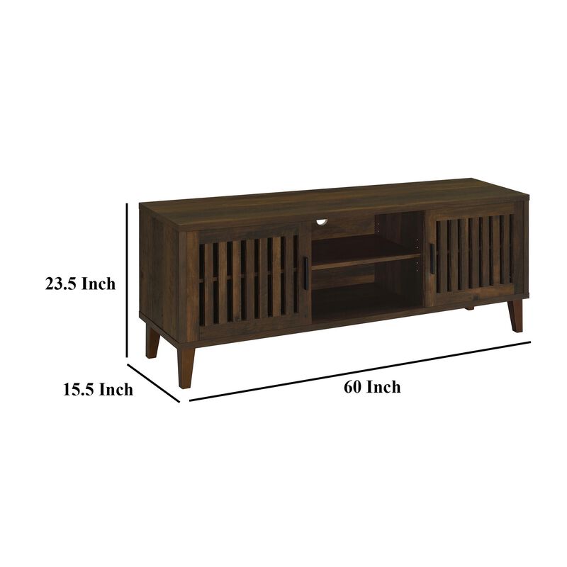 Sid TV Stand Media Cabinet, 2 Slatted Doors, Shelf, Brown Wood 60 Inch - Benzara
