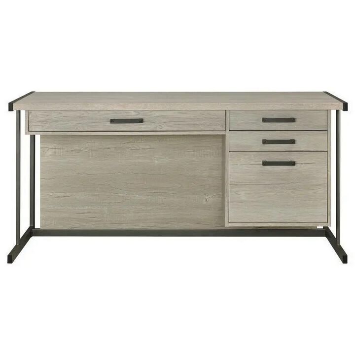 60 Inch 4 Drawer Rectangular Office Desk, Metal Sled Base, Whitewashed Gray-Benzara