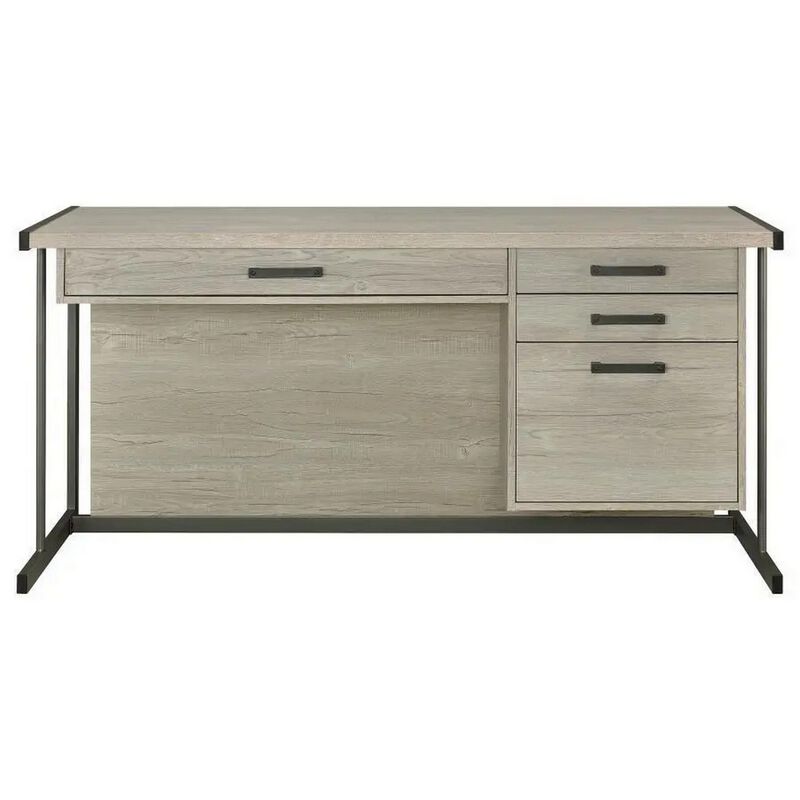 60 Inch 4 Drawer Rectangular Office Desk, Metal Sled Base, Whitewashed Gray-Benzara