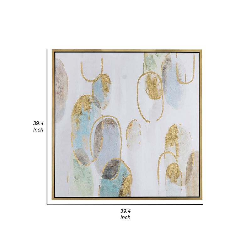 39 x 39 Square Wall Art Oil Painting, Abstract Circles, Gold, White, Green - Benzara