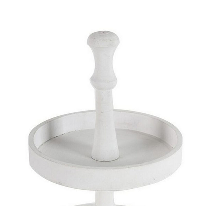 Semy 15 Inch 2 Tier Round Decorative Serving Tray, White Wood Finish - Benzara