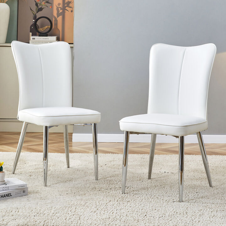 Modern minimalist dining chairs, office chairs. 2piece set of white PU seats with silver metal legs. Suitable for restaurants, living rooms, and offices. C008