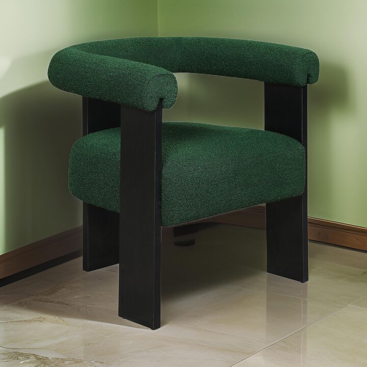 Cara Accent Chair, Curve Back, Green Boucle Fabric with Black Wood Legs - Benzara