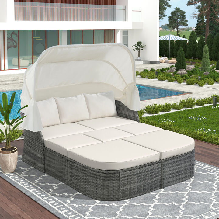 Merax Outdoor Patio Furniture Set Daybed Sunbed with Retractable Canopy Conversation Set Wicker Furniture