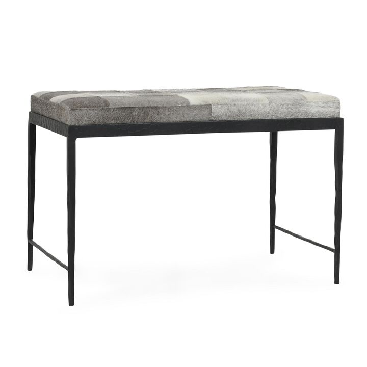 Leif Ottoman Bench with Gray Patchwork Leather Hide, Iron 28 Inch - Benzara