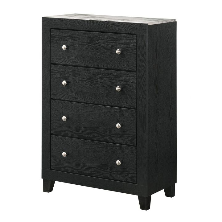 Yoh 47 Inch Tall 4 Drawer Dresser Chest with Marble Top, Metal Knobs, Black-Benzara Yoh 47 Inch Tall 4 Drawer Dresser Chest with Marble Top, Metal Knobs, Black-Benzara