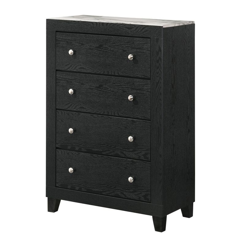 Yoh 47 Inch Tall 4 Drawer Dresser Chest with Marble Top, Metal Knobs, Black-Benzara