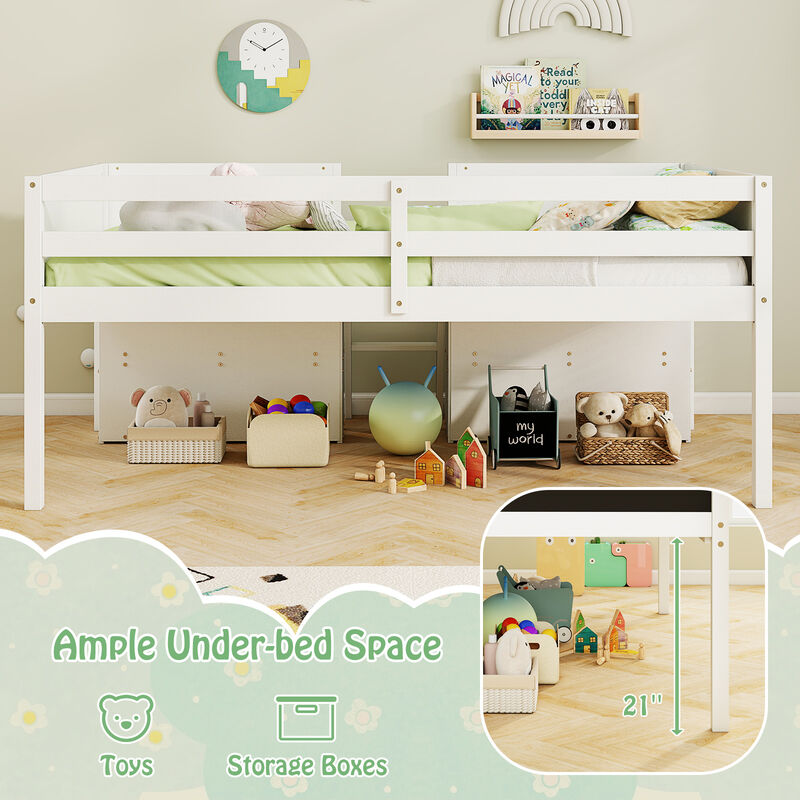Kid Low Loft Bed with Chalkboard Ramp Ladder and Bookcases
