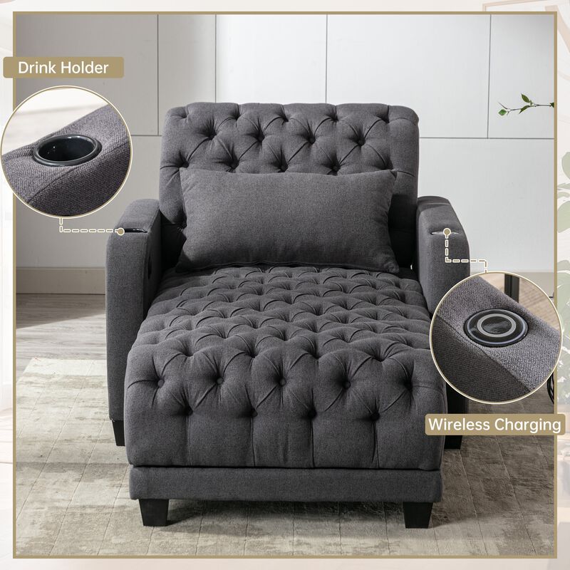 Mondawe Chaise Lounge Tufted Armchair Wireless Charging, Reclining Backrest & Lumbar Pillow