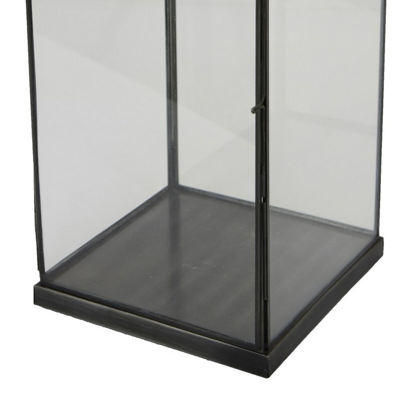Laila Lantern, Black Metal, Glass Panels, Square Base, 20 Inch Tall - Benzara