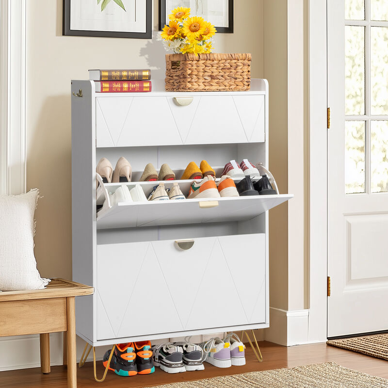 Elegant Entryway Shoe Cabinet, V-Carved Doors with 2 Drawers & Flip-Top Storage