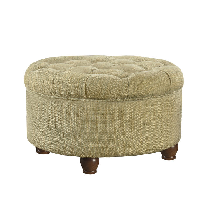 Fabric Upholstered Wooden Ottoman with Tufted Lift Off Lid Storage, Beige and Brown - Benzara