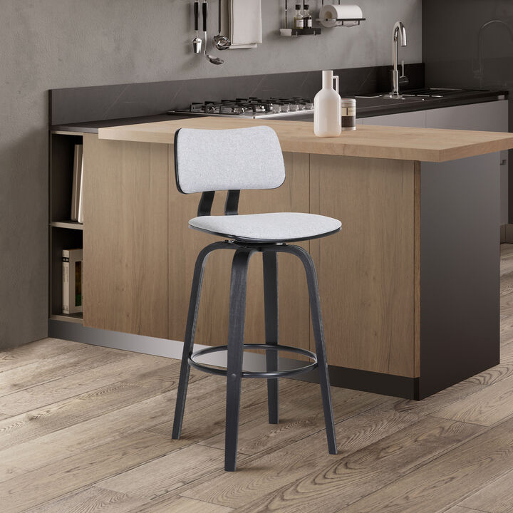 Pico  Swivel Black Wood Counter Stool in Light Grey Fabric with Black Metal