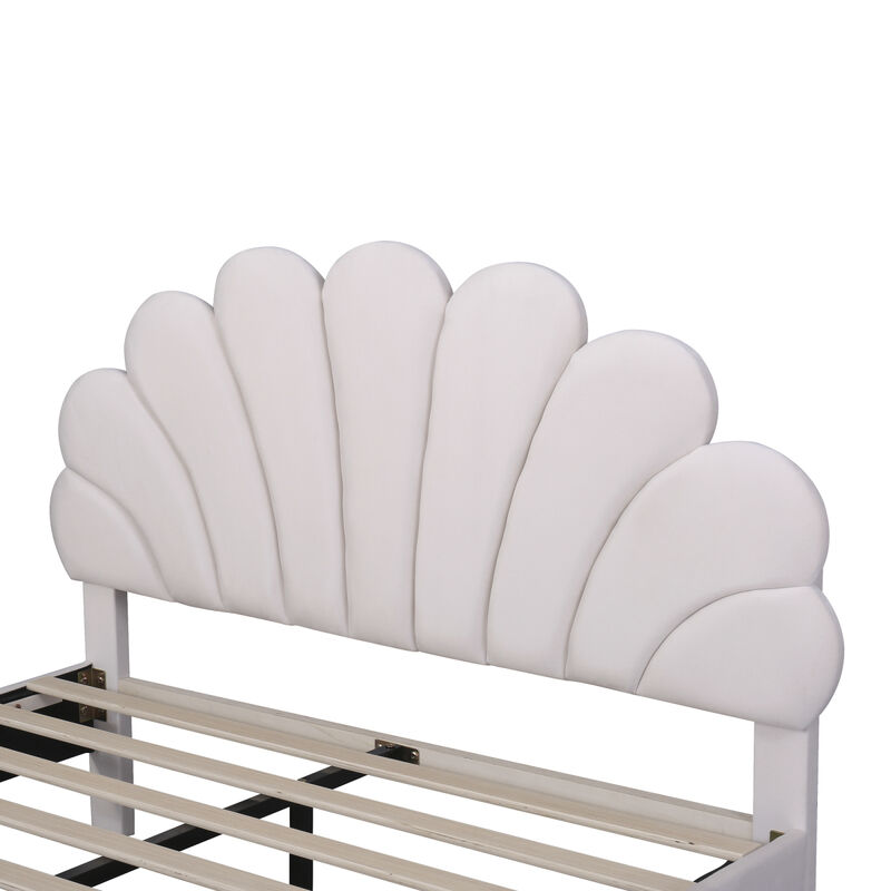 Queen Size Upholstered Platform Bed With Flower Pattern Velvet Headboard